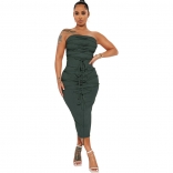 DarkGreen Sexy Striped Cotton Strapless Party Women Bandage Dress Two Piece Set