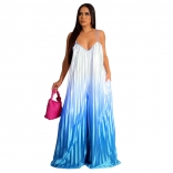 Blue Women's Deep V Strap Backless Wide Leg Pants Gradient Fashion Party Sexy Jumpsuit