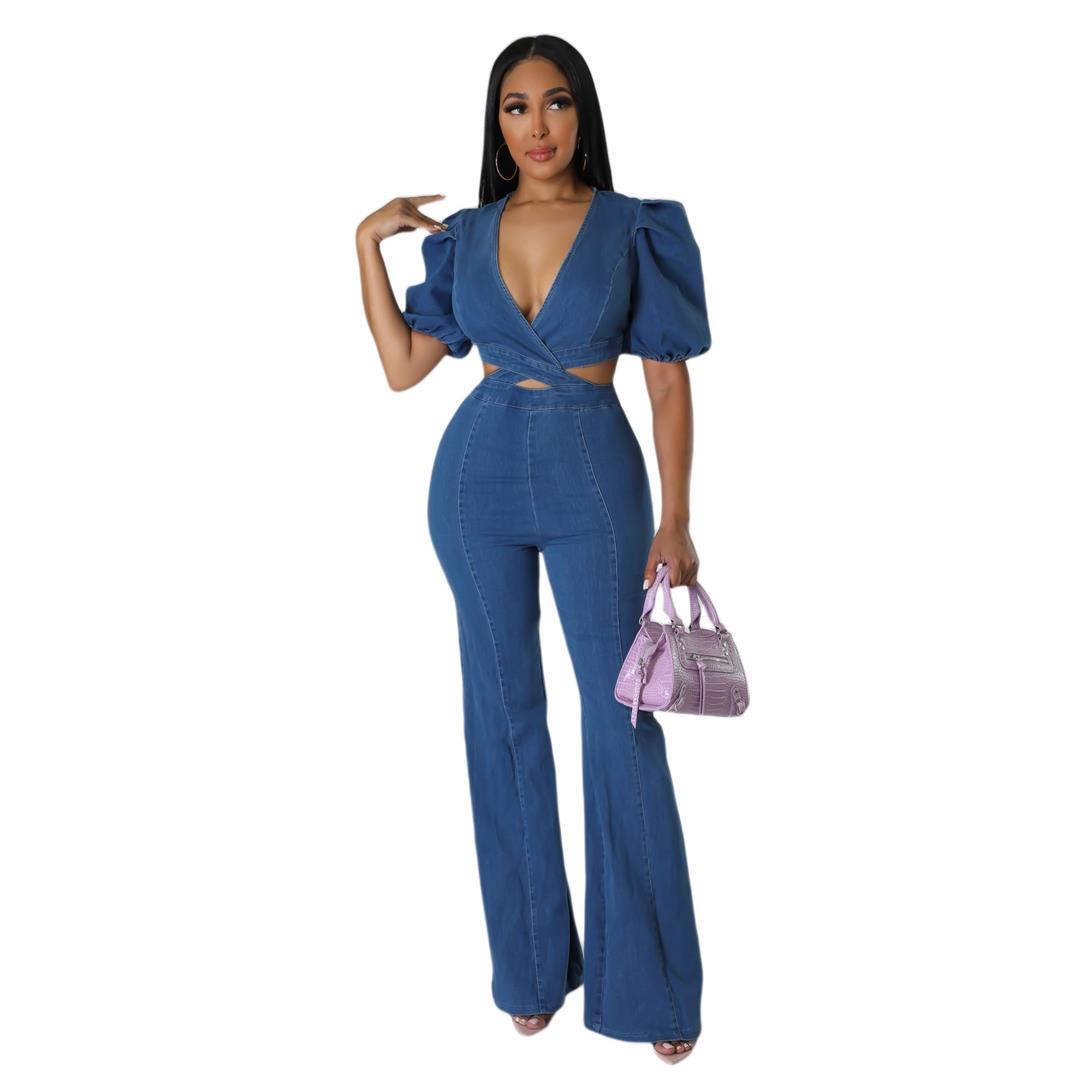 Elegant Sexy  Workwear Pure Color Lantern Pants Jumpsuit Long Sleeve V Neck Commute Style Polyester Fabric
