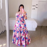 1 RoseRed Fashion Off Shoulder Printed Fragmented Flower Strapless Long Dress