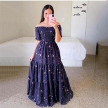 3 RoyalBlue Fashion Off Shoulder Printed Fragmented Flower Strapless Long Dress