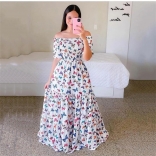 5 White Fashion Off Shoulder Printed Fragmented Flower Strapless Long Dress