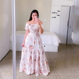 9 White Fashion Off Shoulder Printed Fragmented Flower Strapless Long Dress