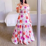 10 Red Fashion Off Shoulder Printed Fragmented Flower Strapless Long Dress