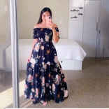 11 Navy Fashion Off Shoulder Printed Fragmented Flower Strapless Long Dress