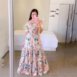 12 Pink Fashion Off Shoulder Printed Fragmented Flower Strapless Long Dress