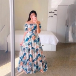 13 Blue Fashion Off Shoulder Printed Fragmented Flower Strapless Long Dress