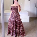 15 Leopard Fashion Off Shoulder Printed Fragmented Flower Strapless Long Dress