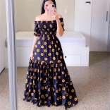 16 Black Fashion Off Shoulder Printed Fragmented Flower Strapless Long Dress