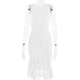 White Women's Elegant Ruffle Ruched Robe Backless Irregular Party Sexy Midi Dress