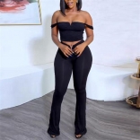 Black Solid Small V Design Party Women High Waist Elastic Strap Jumpsuit Set