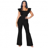 Black Women's Solid Color Ruffle Square Neck Pants One Piece Jumpsuit for Women