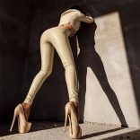 Beige Women's PU Leather Leggings High Waist Tight Pants