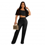 Black Women's Sexy Wrinkle Ruffle Edge Off Shoulder Wide Leg Pants Jumpsuit Set