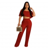 Red Women's Sexy Wrinkle Ruffle Edge Off Shoulder Wide Leg Pants Jumpsuit Set