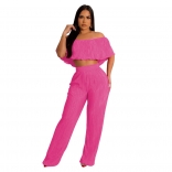 RoseRed Women's Sexy Wrinkle Ruffle Edge Off Shoulder Wide Leg Pants Jumpsuit Set