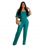 DeepBlue Women's Sexy Wrinkle Ruffle Edge Off Shoulder Wide Leg Pants Jumpsuit Set