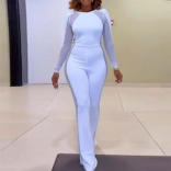 White Long Sleeve Mesh O-Neck Rhinestone Bodycon Jumpsuit