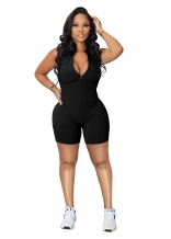 Black Women's Zipper Deep V-Neck Sports Slim Fit Rompers Playsuits