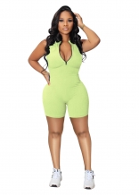 Green Women's Zipper Deep V-Neck Sports Slim Fit Rompers Playsuits