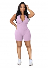 Purple Women's Zipper Deep V-Neck Sports Slim Fit Rompers Playsuits