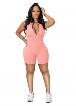 Pink Women's Zipper Deep V-Neck Sports Slim Fit Rompers Playsuits