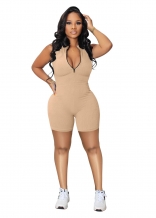 Khaki Women's Zipper Deep V-Neck Sports Slim Fit Rompers Playsuits