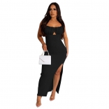 Black Women's Solid Strap Wrapped Chest Bodycon Sleeveless Long Dress