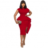 WineRed O-Neck Ruffle Fashion Women Office Bodycon OL Dress