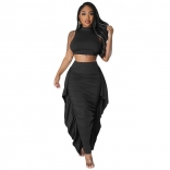 Black O-Neck Bodycon Women Party Pleated Tassels Two Piece Midi Dress