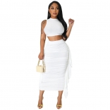 White O-Neck Bodycon Women Party Pleated Tassels Two Piece Midi Dress