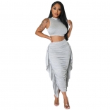 Grey O-Neck Bodycon Women Party Pleated Tassels Two Piece Midi Dress