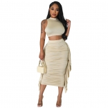 Beige O-Neck Bodycon Women Party Pleated Tassels Two Piece Midi Dress