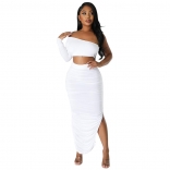 White Women's Sexy Tight Fold Spliced Irregular Two Piece Midi Dress