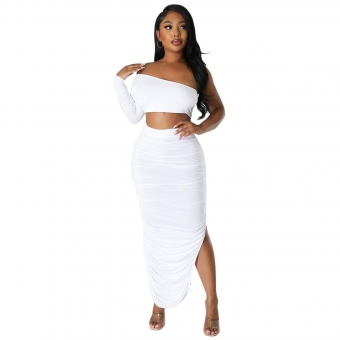 White Women's Sexy Tight Fold Spliced Irregular Two Piece Midi Dress