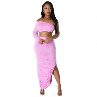 Pink  Women's Sexy Tight Fold Spliced Irregular Two Piece Midi Dress