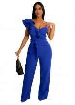 Blue Women's Ruffle One Shoulder Sleeveless Deep V Neck Bodycon Sexy Jumpsuit