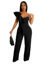 Black Women's Ruffle One Shoulder Sleeveless Deep V Neck Bodycon Sexy Jumpsuit