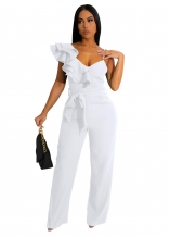 White Women's Ruffle One Shoulder Sleeveless Deep V Neck Bodycon Sexy Jumpsuit