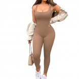 Khaki Sleeveless Tank Top Bodysuit  Party Bodycon Sports Sexy Jumpsuit