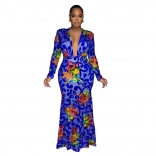 Blue Fashion Women's Retro Print High Elastic Bodycon Long Dress