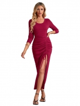 WineRed Fashion Autumn Knitted Women's Casual U-neck Split Bodycon Long Dress