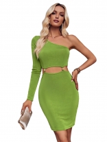 Green Women's Casual One Shoulder Hight Waist Hollow Out Bodycon Dress