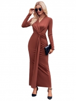 DarkRed Women's Long Sleeve V-neck Fashion Bodycon Prom Evening Dress