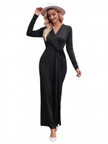 Black Women's Long Sleeve V-neck Fashion Bodycon Prom Evening Dress