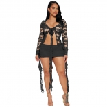 Black Lace Long Sleeve Sexy Hollow-out Party Women 2PCS Mini Dress