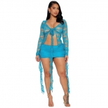 Blue Lace Long Sleeve Sexy Hollow-out Party Women 2PCS Mini Dress