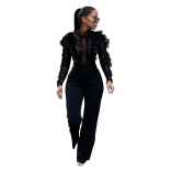 Black Lace Mesh Hollow-out Bodycon Sexy Tassels Women Jumpsuit