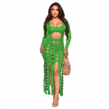 Green Long Sleeve Burnt Hollow Out Sexy Nightclub Bandage Maxi Dress