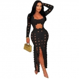 Black Long Sleeve Burnt Hollow Out Sexy Nightclub Bandage Maxi Dress